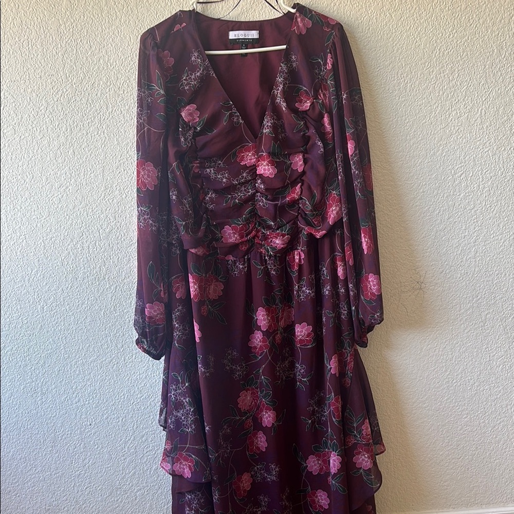 Eloquii Red and Black Tiered Wrap Dress with Bishop Sleeves